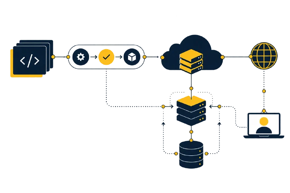 Diagram of code, deployment, hosting, networking and data infrastructure
